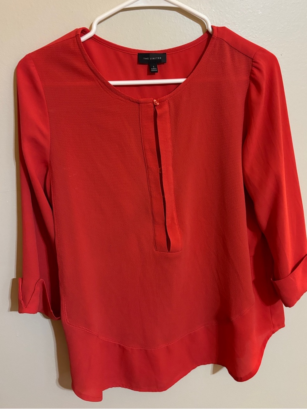 The Limited Vibrant Coral Split-Neck Roll-Tab Blouse